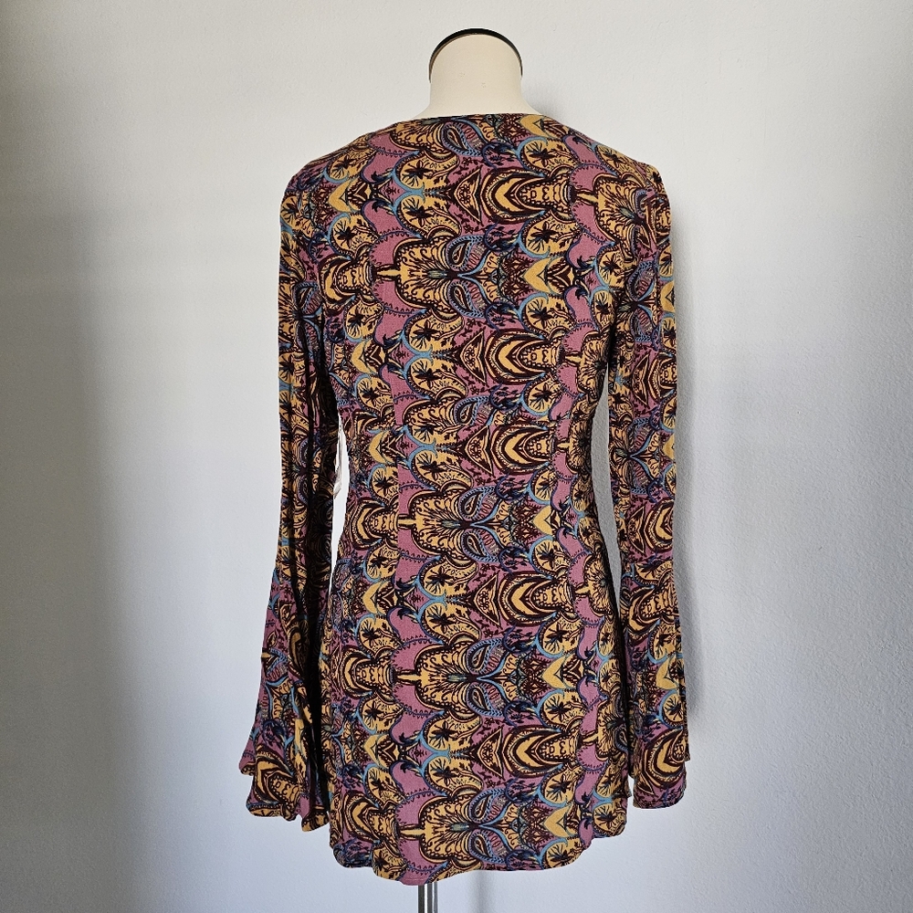 NWT Free People Ossie Vibes Boho Paisley Hippie Bell Sleeve Mini Dress Size 2 - Picture 8 of 14